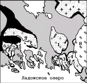 Рис. 5. Расположение гранито-гнейсовых куполов в Северном Приладожье. 1. Коккасельский купол; 2. Импилахтинский купол; 3. Мурсульский купол; 4. Питкярантский купол; 5. Сортавальский купол; 6. Кирьявалахтинский купол; 7. Куккоаниемский купол; 8. Салминский купол