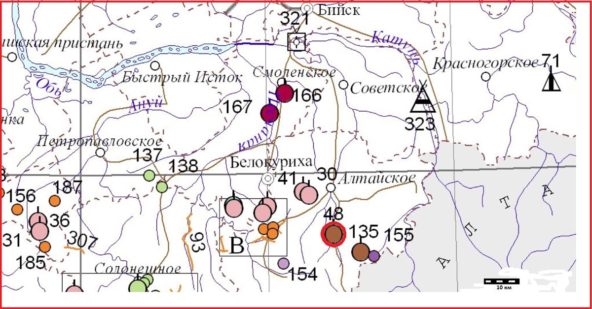 Рис. 1. Фрагмент карты полезных ископаемых Алтайского края. Под цифрой 48 обозначено месторождение Сухонькое