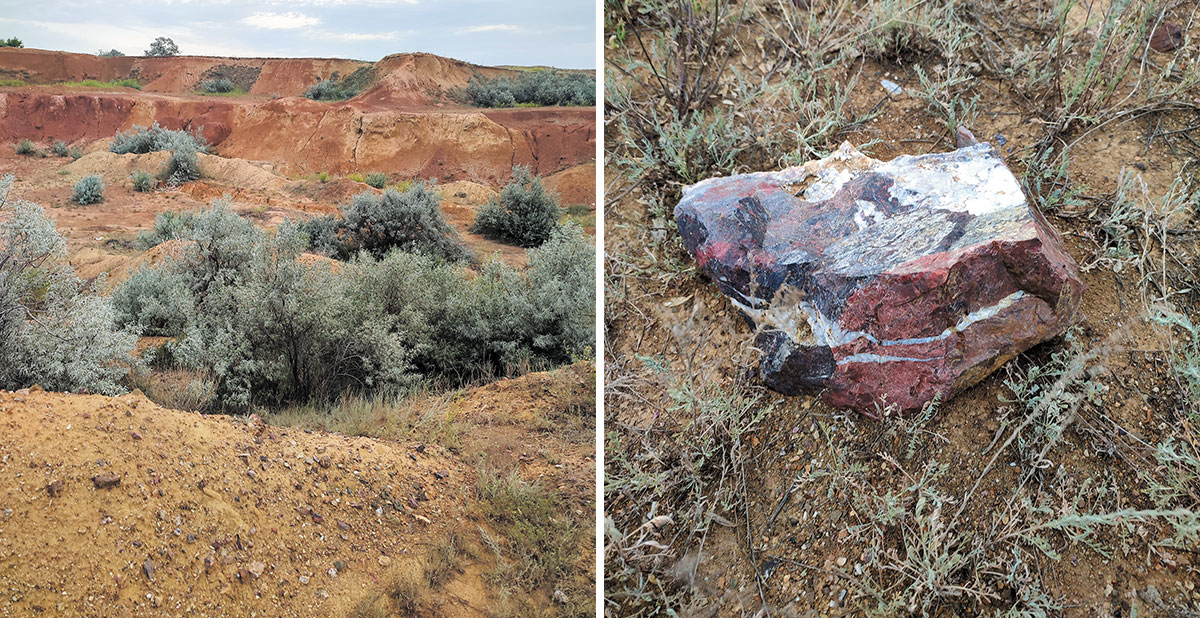 Рис. 1. Горные выработки горы Полковник и образец рисунчатой яшмы