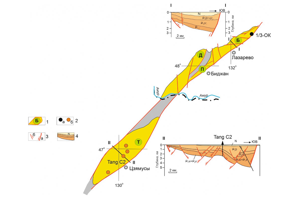 Рис. 2. Схема Лобей-Бирофельдского звена Илань-Итунской ветви системы сдвигов Тан-Лу: 1 – контуры полуграбенов и их буквенное обозначение (Б – Бирофельдский, Д – Дитурский, П – Преображеновский, Т – Таньюань); 2 – скважины (а – опорно-картировочные, б – с промышленной газоносностью); 3 – сбросы (а – основные, б – второстепенные); 4 – свиты/формации и их индекс (br – бирофельдская, cr – чернореченская, b – Баоцюаньлин, d – Даляньхэ, x – Синанчунь, w – Уюнь)