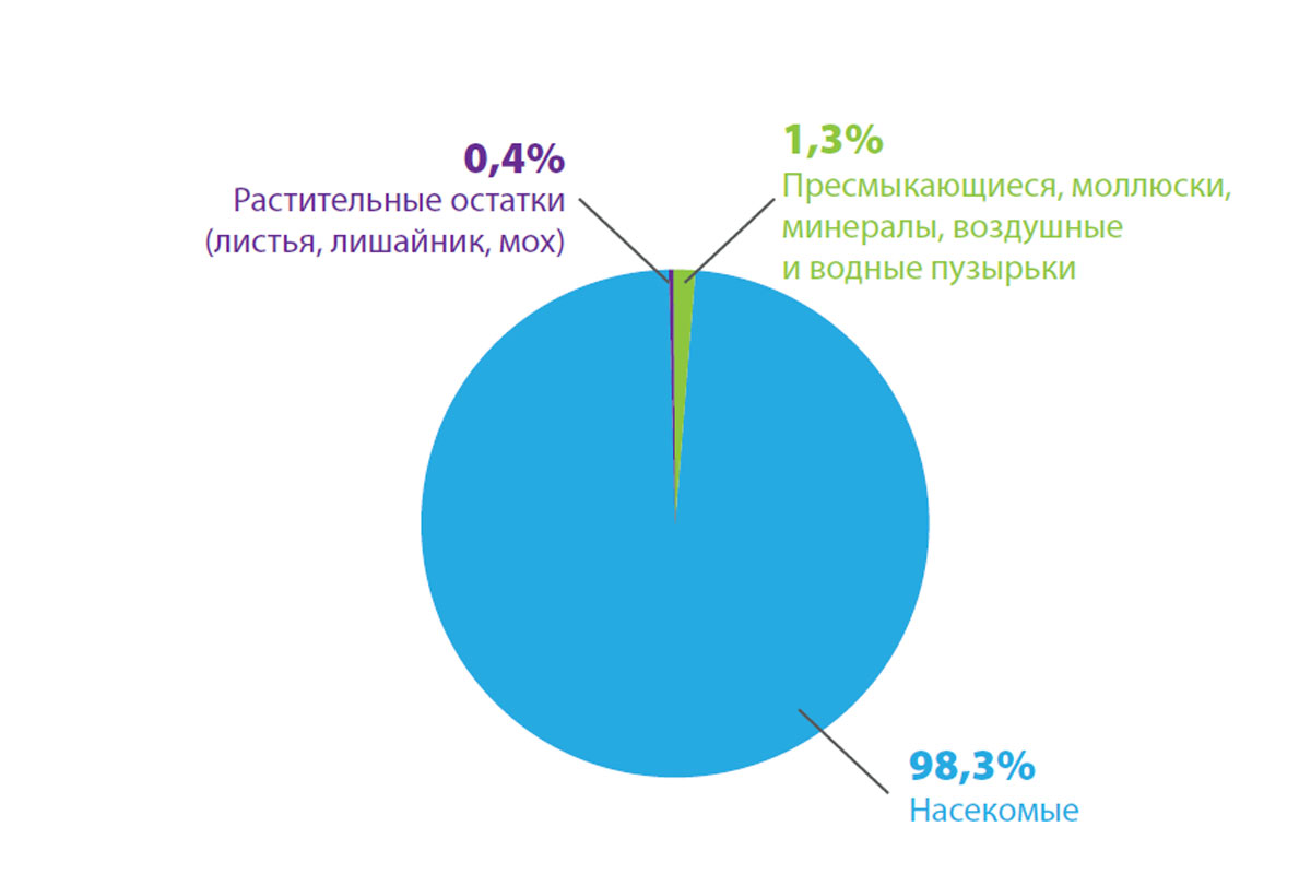 Рис. 5. Распределение типов инклюзов в янтаре (по данным [7])