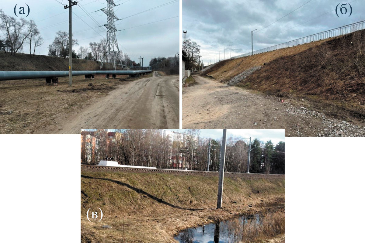 Рис. 13. Насыпи путепроводов: автомобильные (по ул. Свердлова (а), по ул. Шоссейная (б)), железнодорожная (в) (около станции Светлогорск-на-Березине)