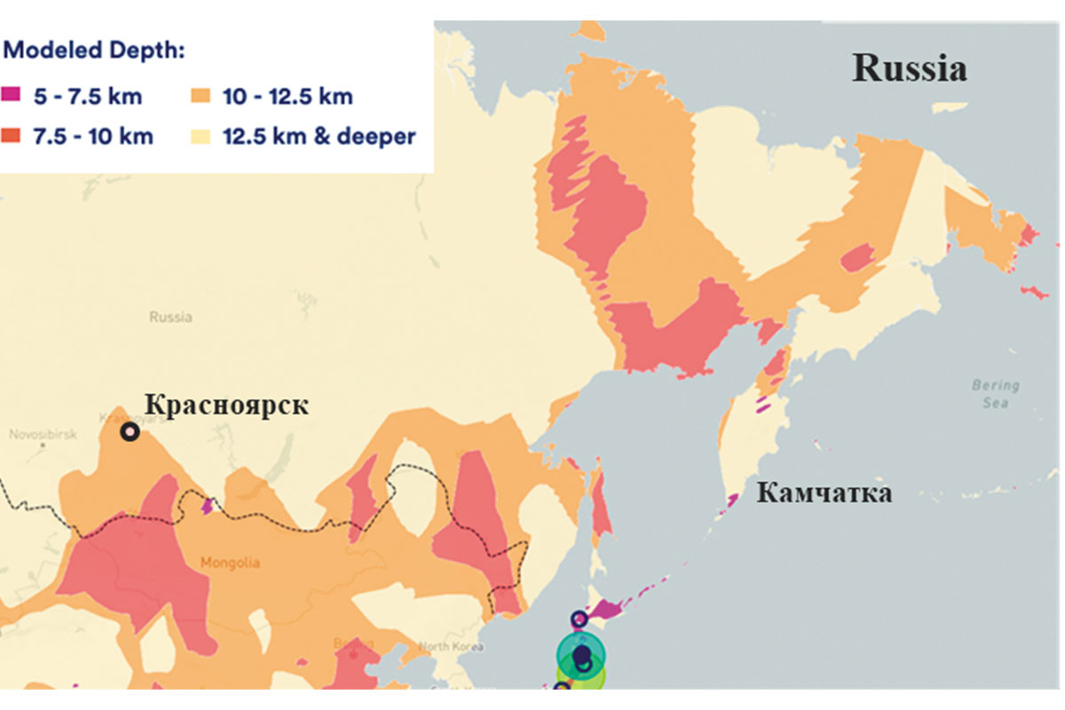 Карта России с указанием глубин, ниже которых температура превышает 4500С